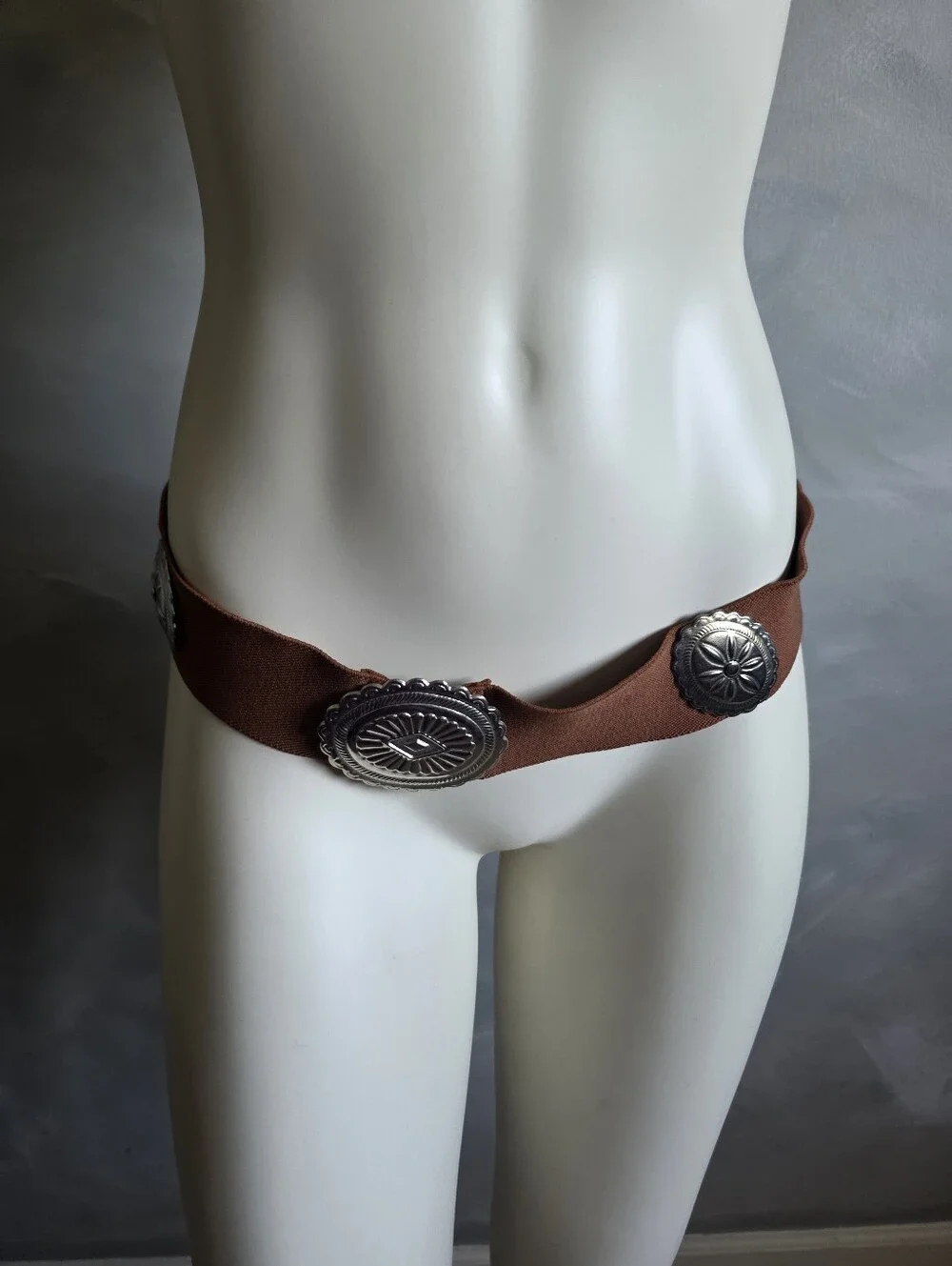 Western Style 5 Concho Tin Belt Brown Elastic Hook Eye Closure One Size
